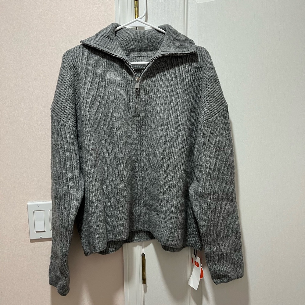 CIDER WOOL-BLEND COLLAR SOLID ZIPPER KNITTED SWEATER - Picture 3 of 7